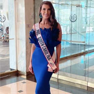 Fashion Nova medium blue feather midi dress.